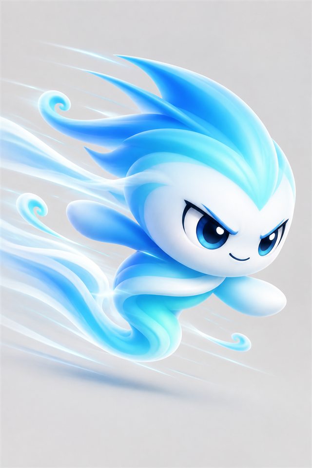 Gale, the wind-spirit mascot, racing forward with swept-back streams of wind